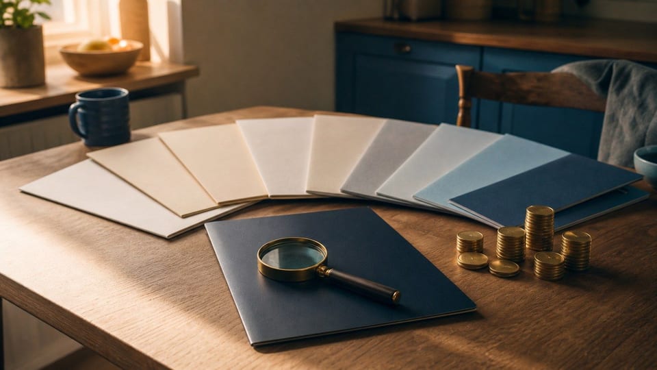Mesa com várias pastas de propostas de empréstimo em branco, uma pasta azul-marinho selecionada e pilhas de moedas comparadas.