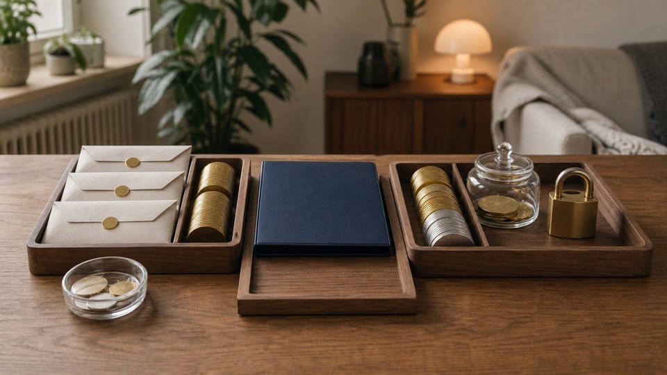 Stillleben zum Vergleich zweier Neobroker mit Sparplan-Unterlagen, Zinsglas und Sicherheitsdetails auf einem Holztisch.