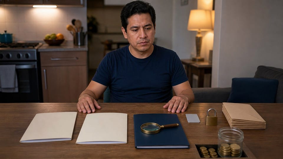 Persona revisando opciones de préstamo con carpetas, lupa, candado y ahorros sobre una mesa.