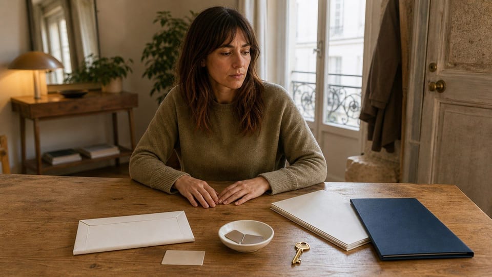 Une personne prépare la fermeture de son compte bancaire avec une enveloppe, une carte bancaire découpée et un dossier de banque.