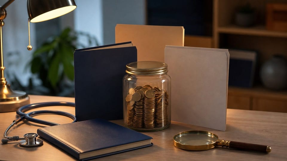 A medical savings jar with tax folders, a stethoscope, coins, and a retirement folder suggests HSA tax advantages.