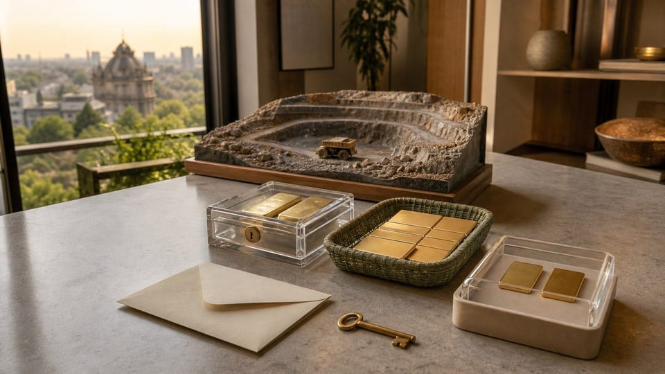 Barras de oro en custodia junto a una cesta de inversión y una maqueta minera sobre una mesa.