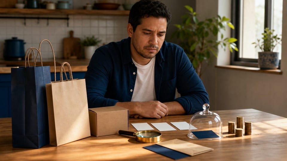 Persona planeando compras del Buen Fin con bolsas, sobres de presupuesto y una tarjeta bajo una cubierta de vidrio.