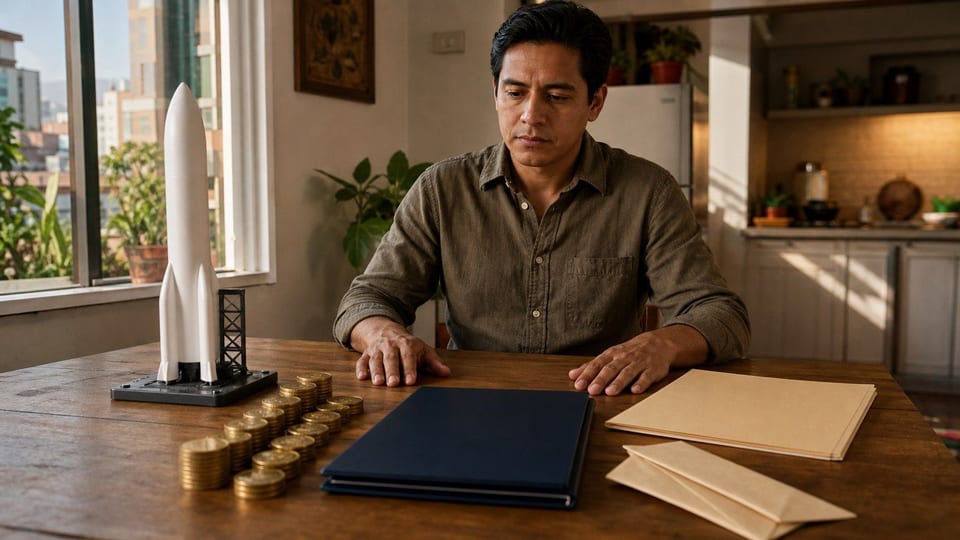 Inversionista mexicana en una mesa de cocina preparando la compra de acciones de una empresa espacial con una maqueta de cohete, carpetas y monedas.