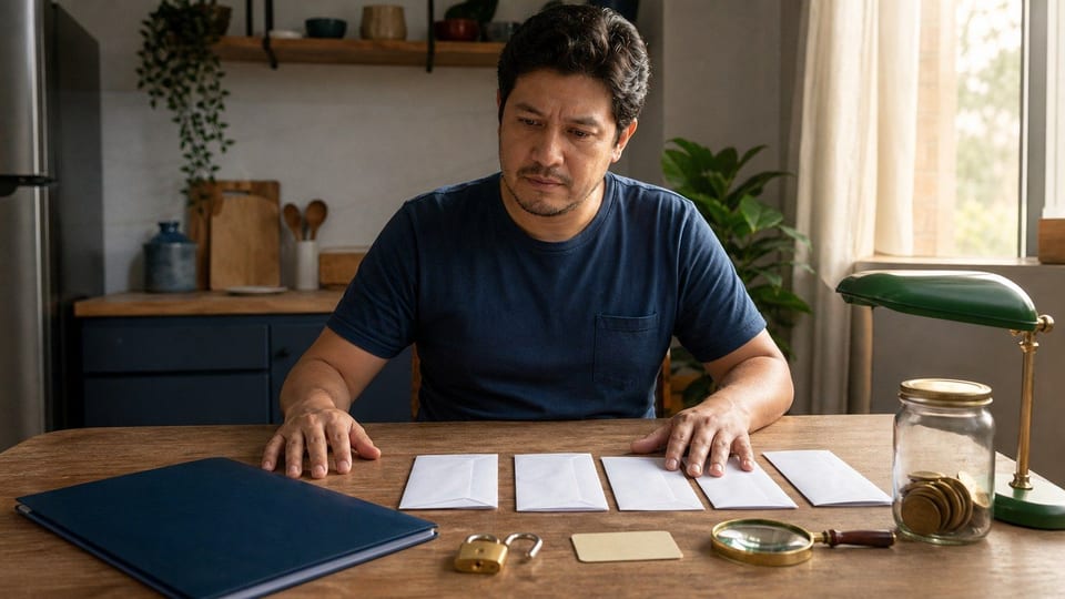 Pessoa brasileira organiza envelopes de dívida, pasta de crédito, cadeado aberto e pote de economia para limpar o nome.