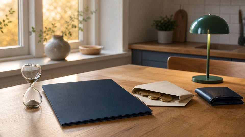 Table de prêt rapide avec sablier presque écoulé, dossier bleu marine, enveloppe ouverte et voyant vert.