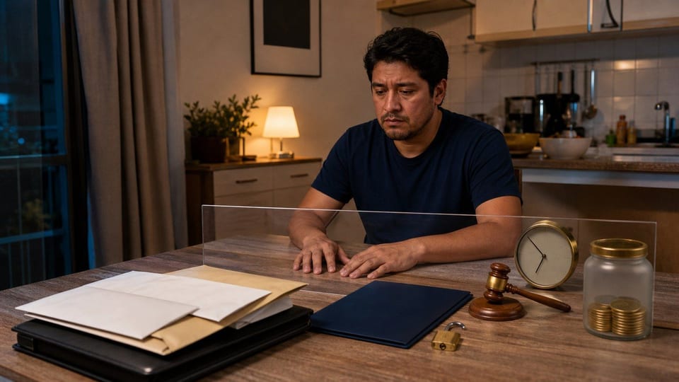 Persona revisando deudas con una barrera protectora, candado y documentos financieros.