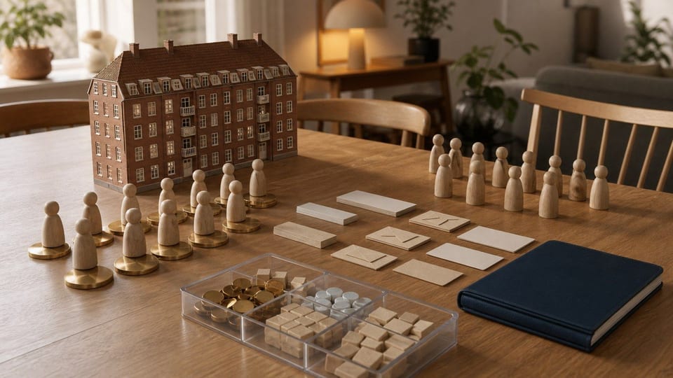 Et dansk bord med miniaturehusholdninger, investeringsmapper og porteføljebrikker som symbol på privatinvestorer.