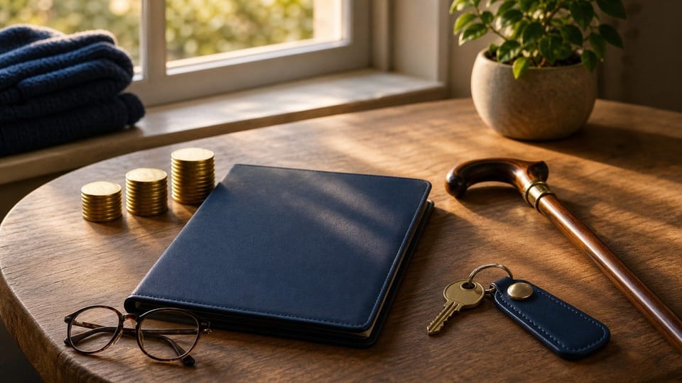 Table de préparation à la retraite avec lunettes, canne, dossier de portefeuille, clé et piles de pièces.