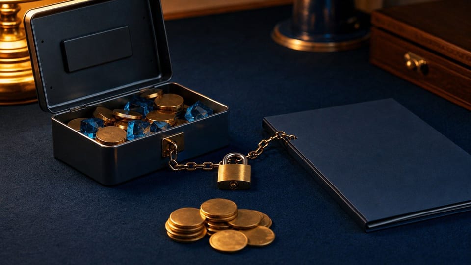 Een open stalen lockbox met blauwe cryptotokens, blanco munten, een slot en een blanco leningmap als onderpand.