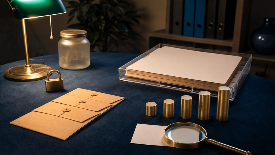 Escritorio de score crediticio con carpeta, sobres de crédito, columnas de monedas y una luz verde.