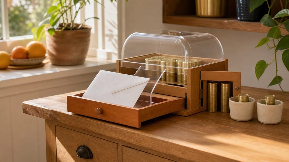 Un cassetto arancione per il risparmio riceve un versamento mensile e mantiene il denaro accessibile.