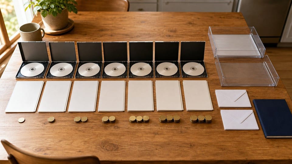 A text-free tax filing software comparison setup with blank software discs, tax folders, envelopes, filing trays, and cost tokens on a kitchen table.