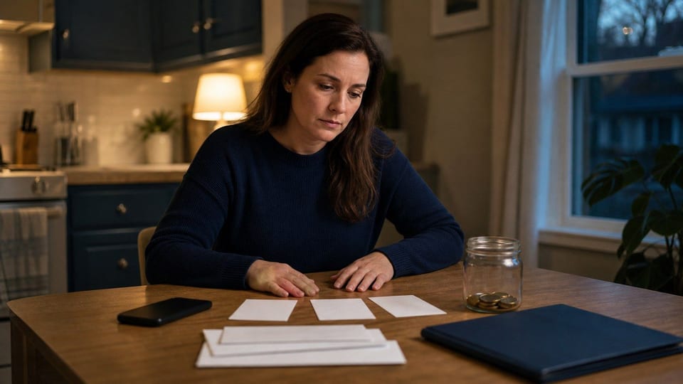 A person at a kitchen table compares cash-advance options beside blank envelopes and a nearly empty coin jar.