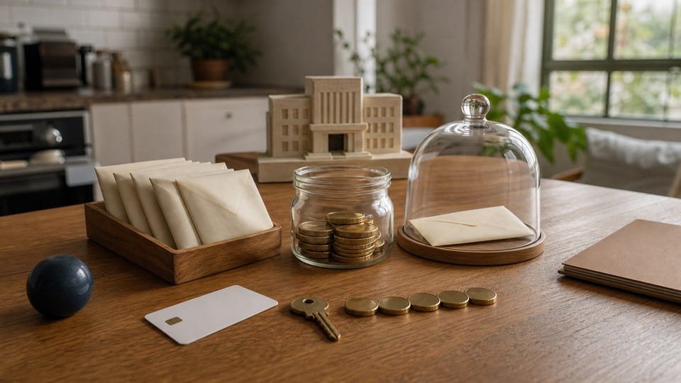Mesa de cocina con tarjeta en blanco, monedas lisas, sobres de inversión y una maqueta de edificio público que representan invertir en Cetes Directo.