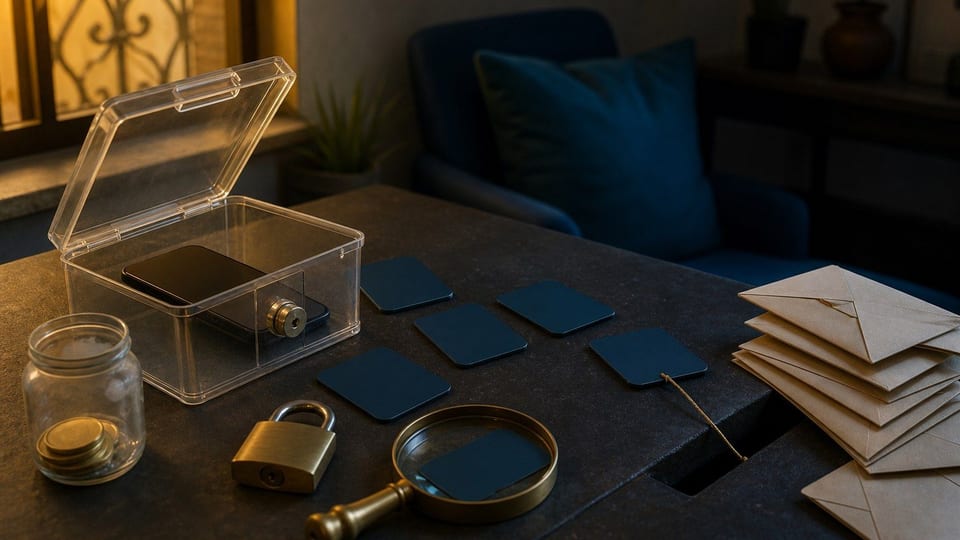 Teléfono en una caja transparente con tarjetas en blanco, sobres de deuda y un candado sobre una mesa oscura.
