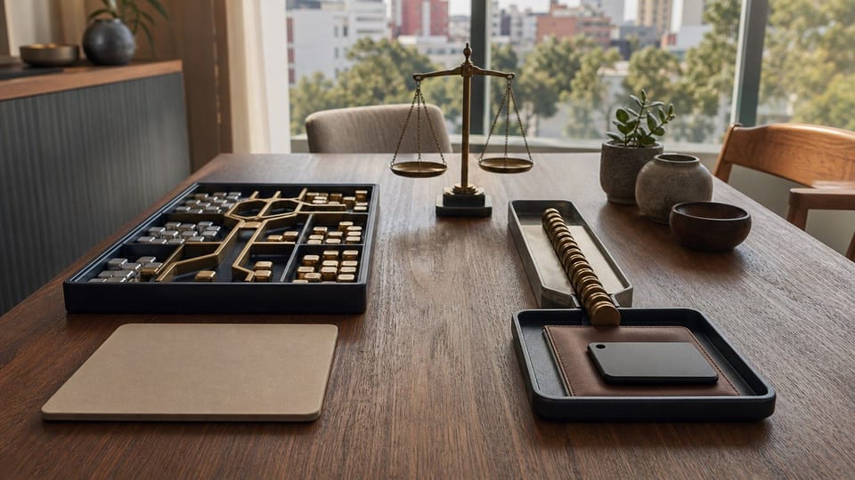 Duas rotas de corretoras de criptoativos comparadas em uma mesa, com bandejas de ativos e uma balança.