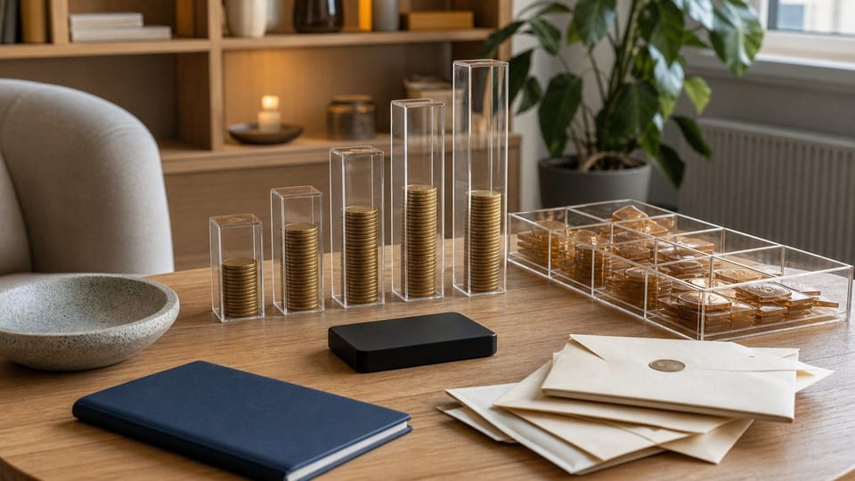 Fysisk statistikopstilling om bitcoin adoption med hardware wallet, tællekolonner og surveykuverter på et dansk køkkenbord.