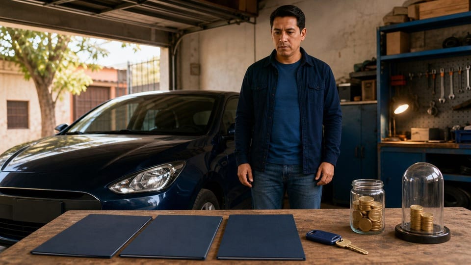 Persona en un garaje comparando carpetas de seguro de auto junto a un frasco de ahorro y un coche sin marca.