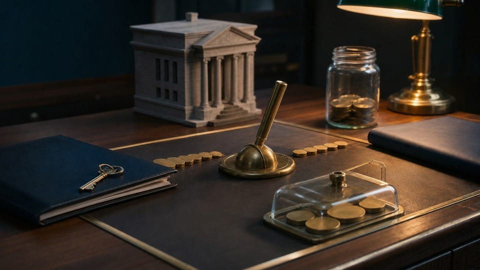 Jegybanki alapkamatot jelképező asztalon központi bankmodell, kamatkar, lakáshitel-mappa, megtakarítási üveg és érmék mutatják a kamat döntésének hatását.