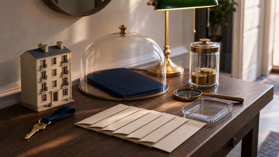 Une clé d'appartement et un dossier de premier achat sont posés avec des enveloppes de remboursement et un plateau d'intérêts vide.