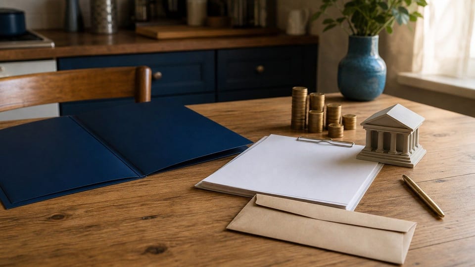 Mesa preparada para solicitar un préstamo personal con carpeta azul, sobre de ingresos, documentos en blanco y monedas sin marcar.