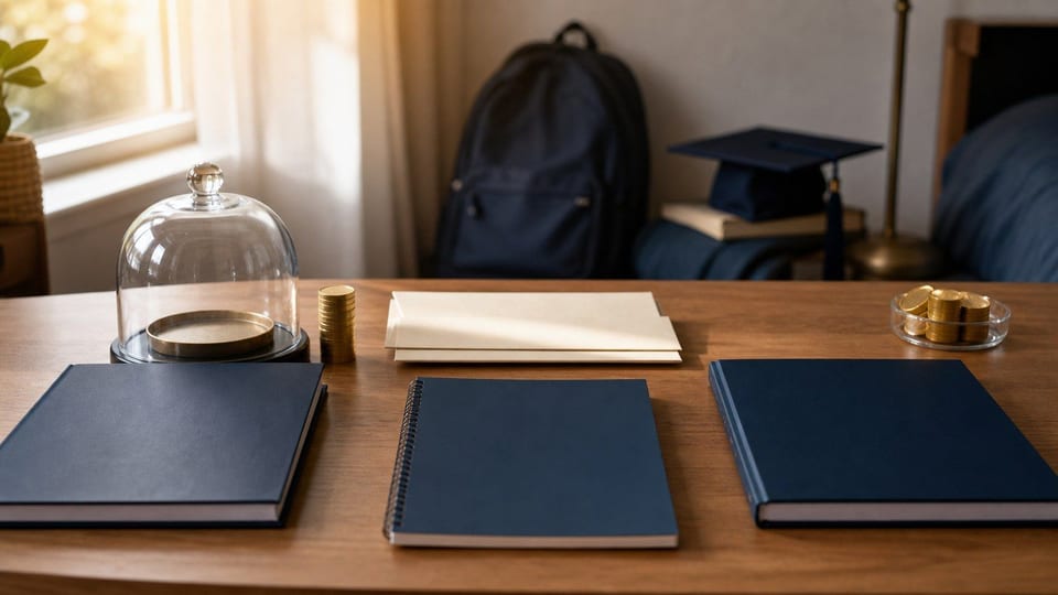 A study table compares two blank student-loan folders, one protected from cost discs and one accumulating them.