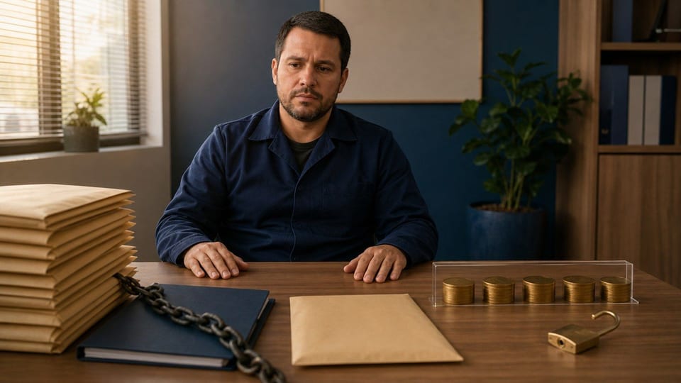 Servidor reorganizando uma dívida de empréstimo consignado com envelope de salário e novas parcelas menores.