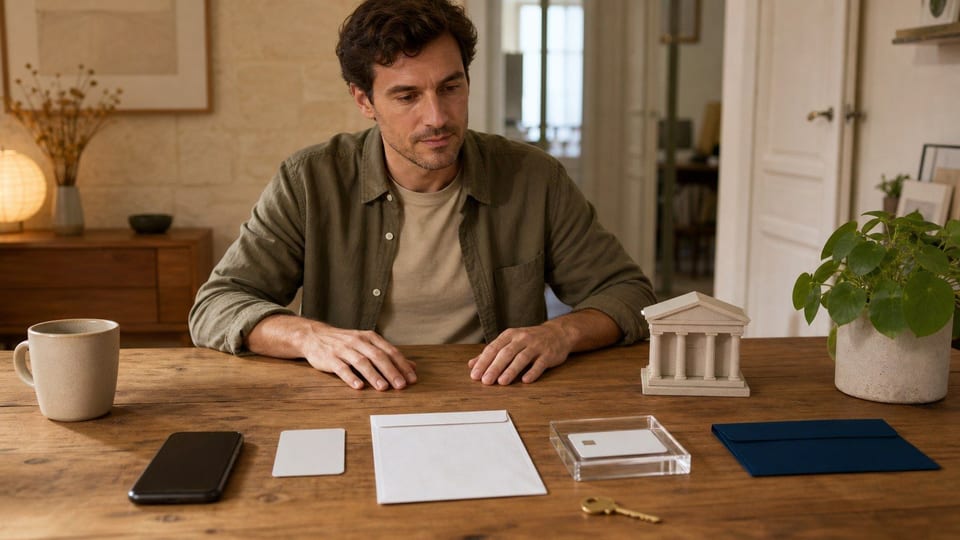 Personne préparant en ligne l’ouverture d’un compte bancaire avec carte, justificatifs et clé sur une table.