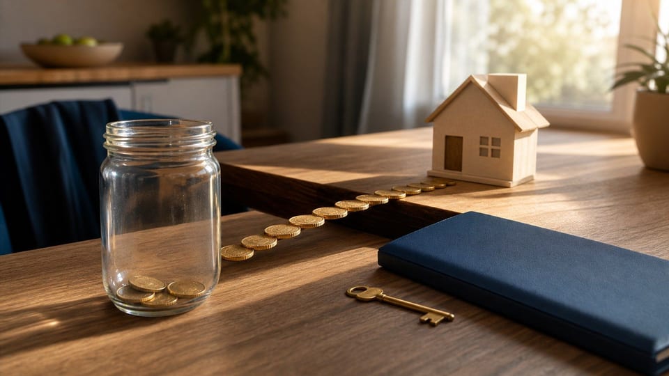 Table de financement immobilier avec maquette de maison, bocal d'épargne presque vide, dossier de garantie et pont de pièces.