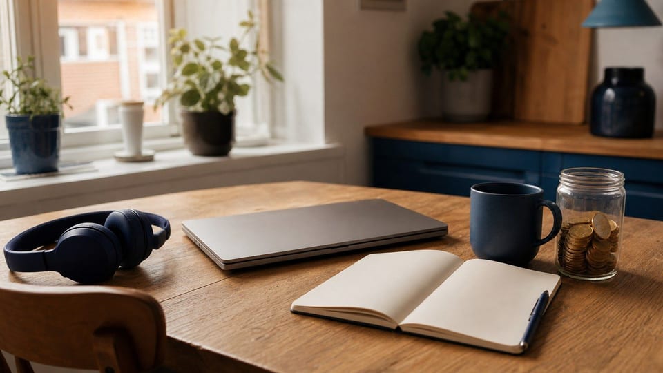 Un angolo di lavoro da casa con portatile chiuso, cuffie, quaderno vuoto, tazza blu e barattolo di monete.