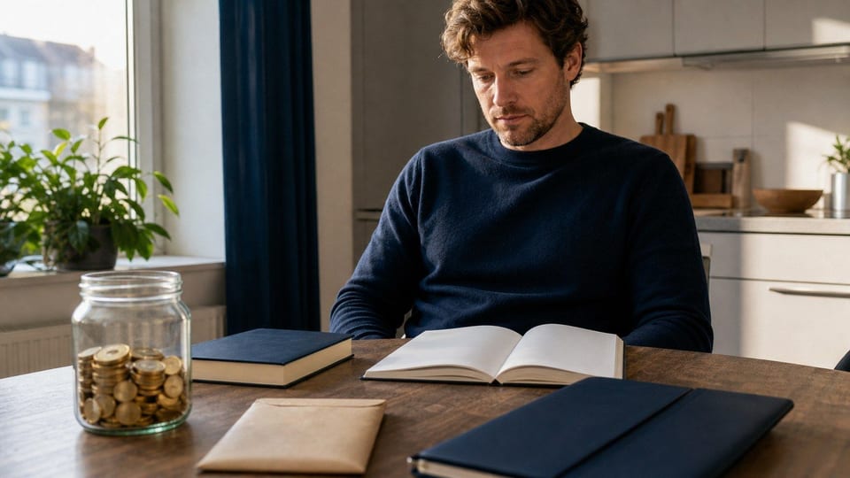 Een volwassene studeert aan een keukentafel met lege cursusmaterialen, een spaarpot, een salarisenvelop en een portfoliomap.