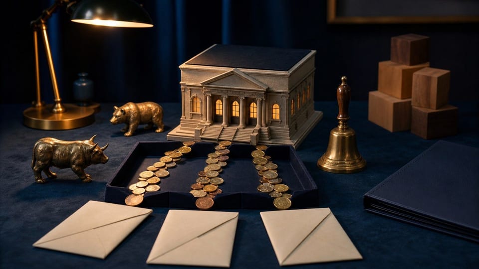 Un birou de investiții pentru bursă, cu o machetă de clădire bursieră, figurine taur și urs, monede metalice și un dosar albastru.