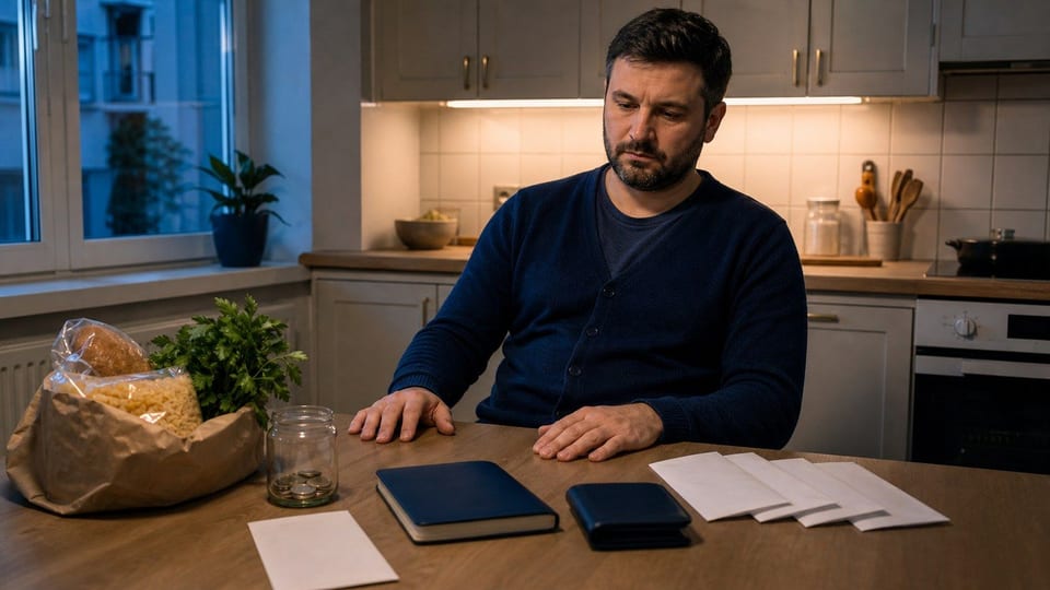 Egy felnőtt kis konyhaasztalnál szűkös havi költségvetést tervez fizetési borítékkal, megtakarítási üveggel és háztartási borítékokkal.