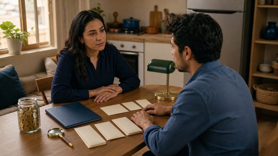 Dos personas revisan un plan de finanzas personales en una mesa con carpetas, sobres y ahorros.