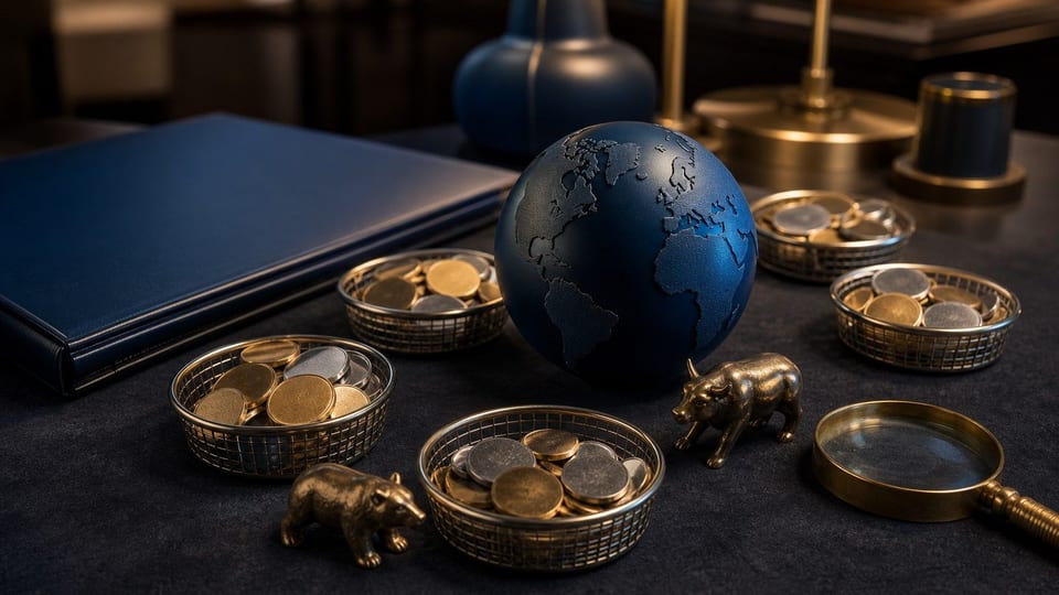 Een wereldwijde ETF-scene met een lege globe, fondsmandjes, munten, een portfoliomap en kleine beleggersfiguurtjes.