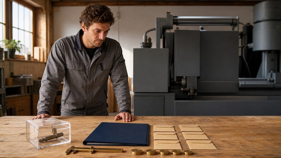 Nederlandse ondernemer bekijkt machinefinanciering op een werkbank met blanco documenten en een industriële machine op de achtergrond.
