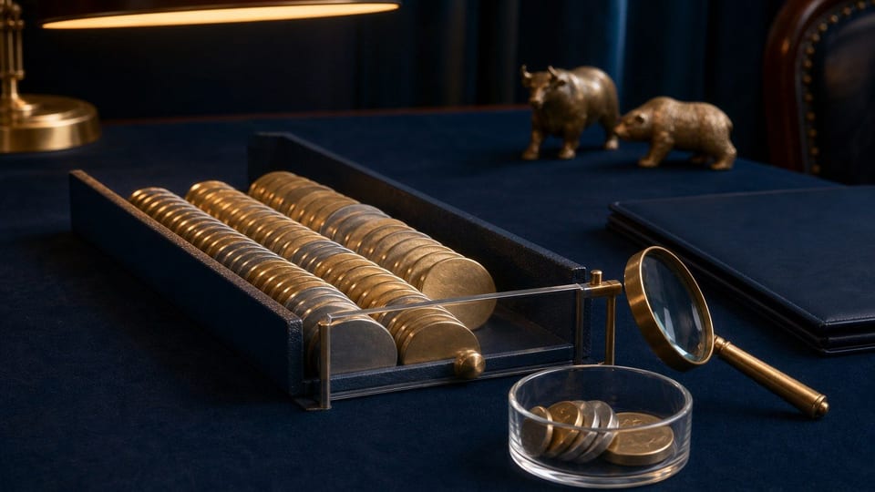 A deep navy ETF tray shows a small fee gate separating a few brass discs from a larger investment stack.