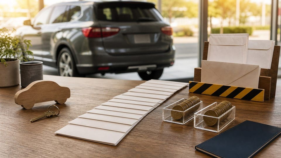 A car-finance desk displays an unbranded vehicle, payment envelopes, and loan-risk trays.