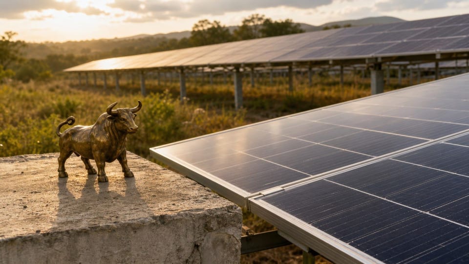 Un taureau miniature en laiton devant des panneaux photovoltaïques dans un parc solaire.