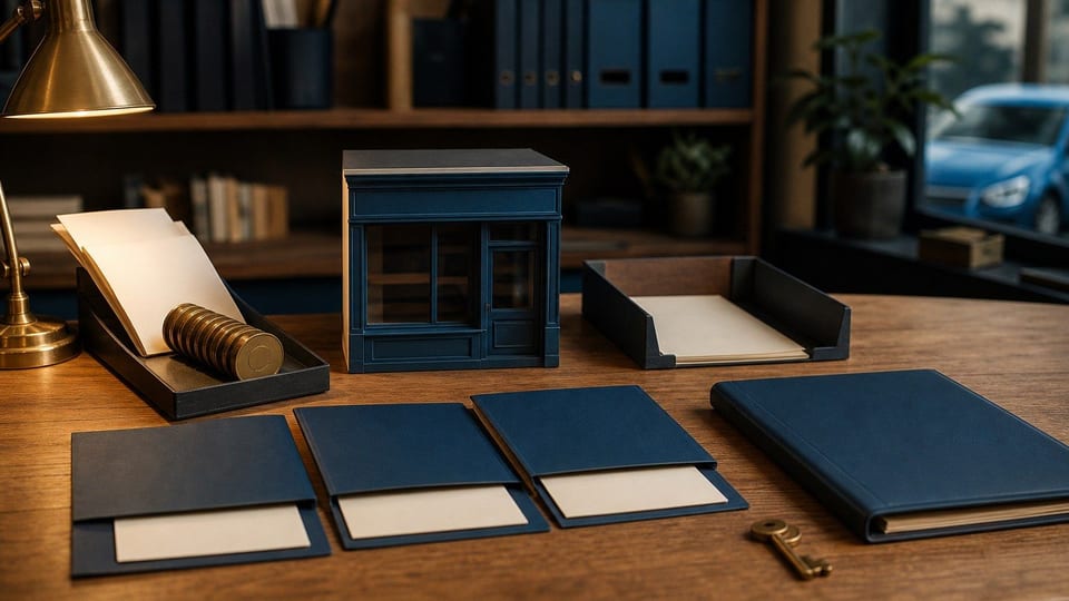 Back-officetafel van een klein bedrijf met lege mappen, facturenbakjes, munten en een winkeltje als model voor werkkapitaal.