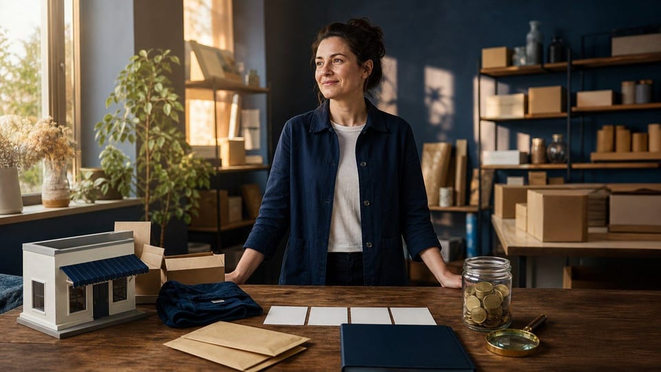 Femeie antreprenor într-un atelier mic, planificând o afacere cu modele, plicuri de finanțare și borcan de economii.