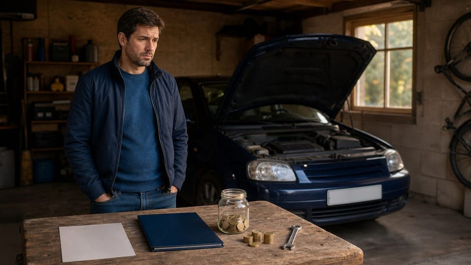 Une personne regarde une voiture en réparation près d’un dossier de financement, d’un bocal d’épargne et de pièces.
