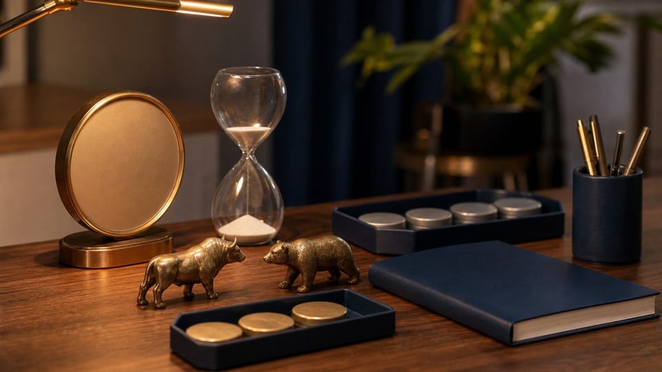 Een daytrading-bureau met een blanco klok, zandloper, bull- en bearbeeldjes en bakjes met ongemarkeerde metalen munten.