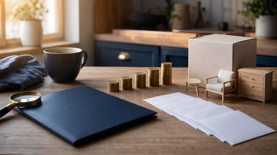 Un dossier de crédit à la consommation est posé près d’enveloppes mensuelles et de pièces.