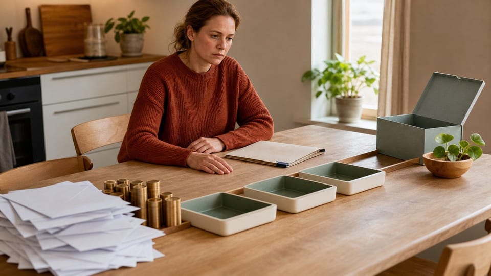 En person ordnar skulder och betalningar längs en tydlig väg mot en tom skuldlåda.