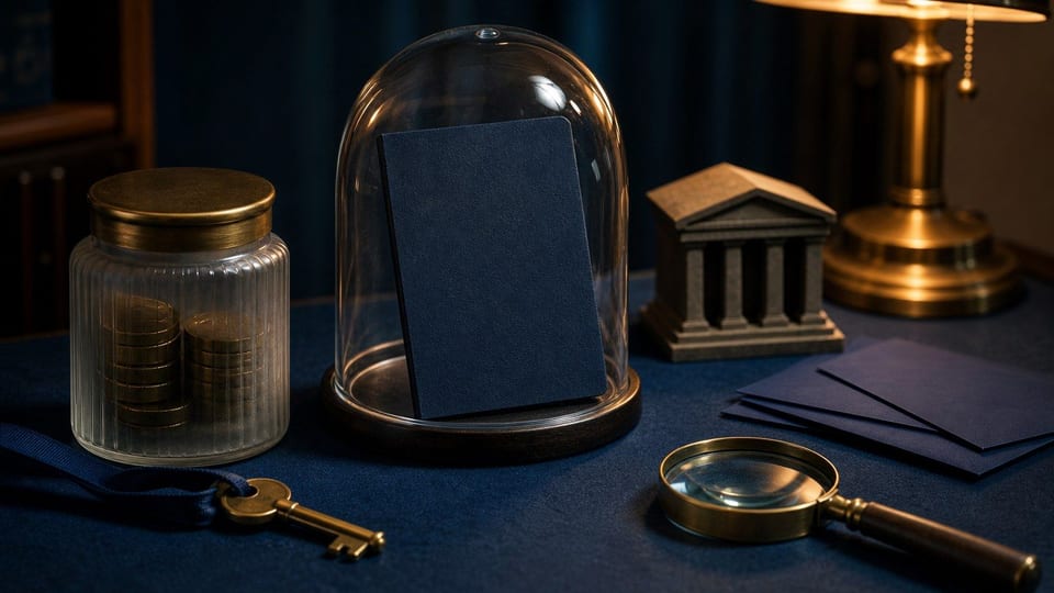 Un dossier d'épargne protégé sous une cloche de verre est posé avec un bocal de pièces et une clé.