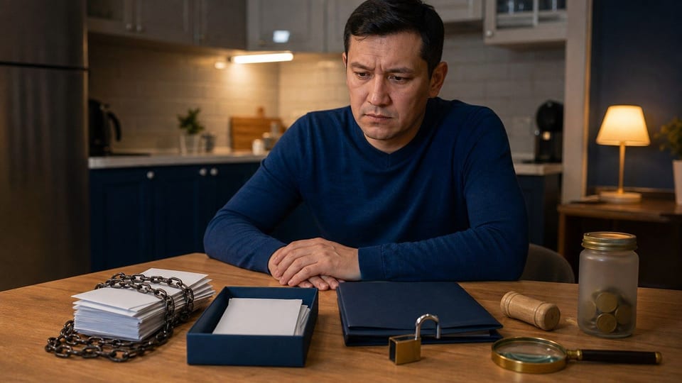 Житель Казахстана разбирает просроченные долговые конверты рядом с папкой списания долгов, открытым замком и банкой с монетами.