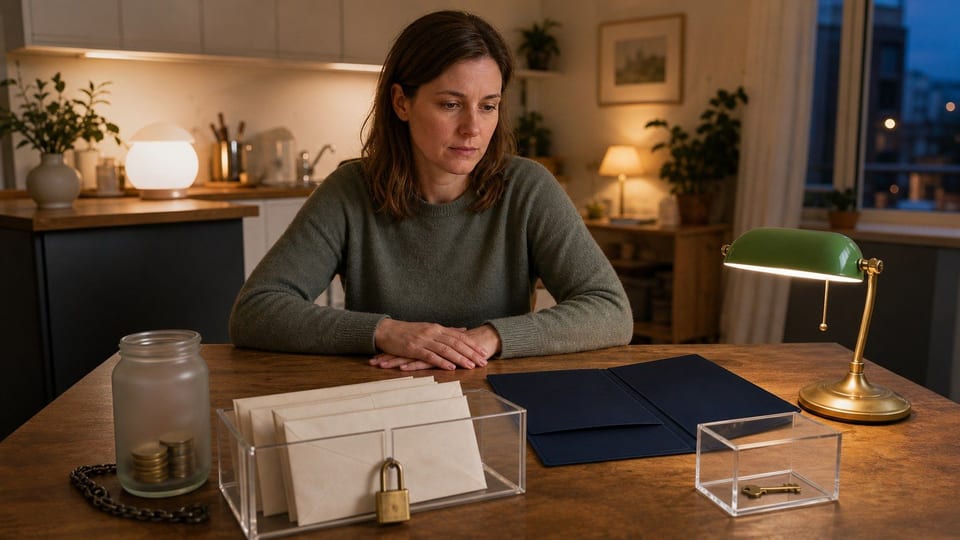 Person ved et kjøkkenbord sorterer blanke gjeldsbrev og refinansieringsmappe etter betalingsanmerkning.