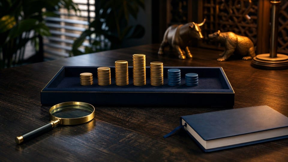 Ilustrasi pola Elliott Wave dengan susunan koin investasi berbentuk gelombang di baki trading.